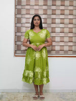 Lime Green Floral Rayon Frill Maxi Frock with Back Tie - Mangai Nighties