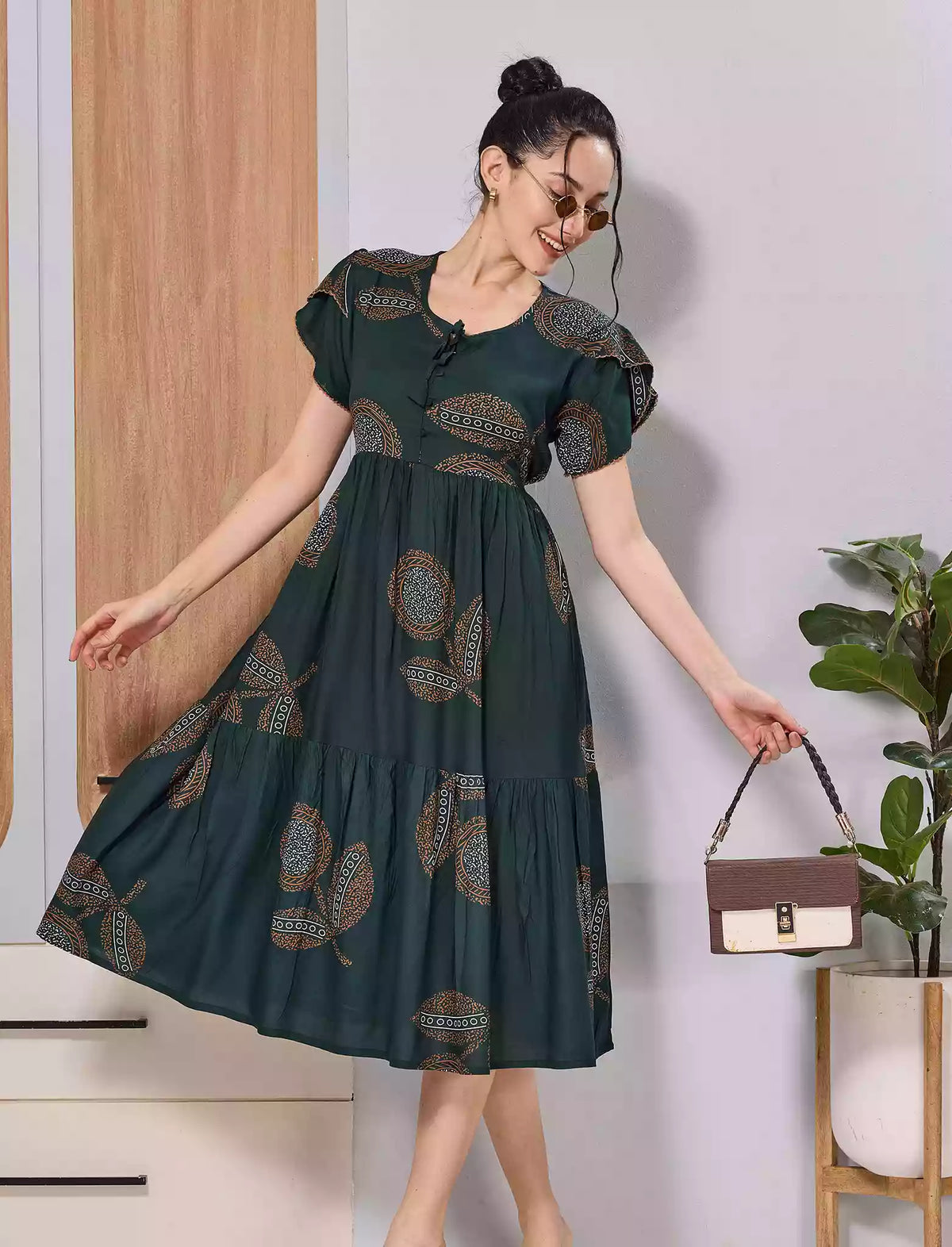 Dark Green Rayon Flared Maxi Dress with Back Tie Detail - Mangai Nighties
