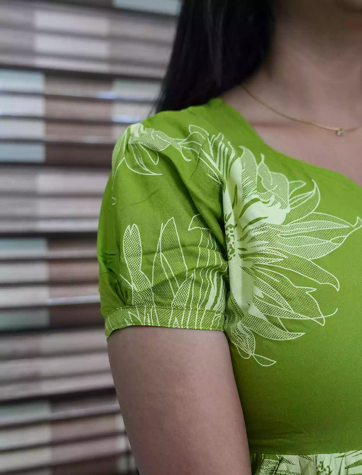 Lime Green Floral Rayon Frill Maxi Frock with Back Tie - Mangai Nighties