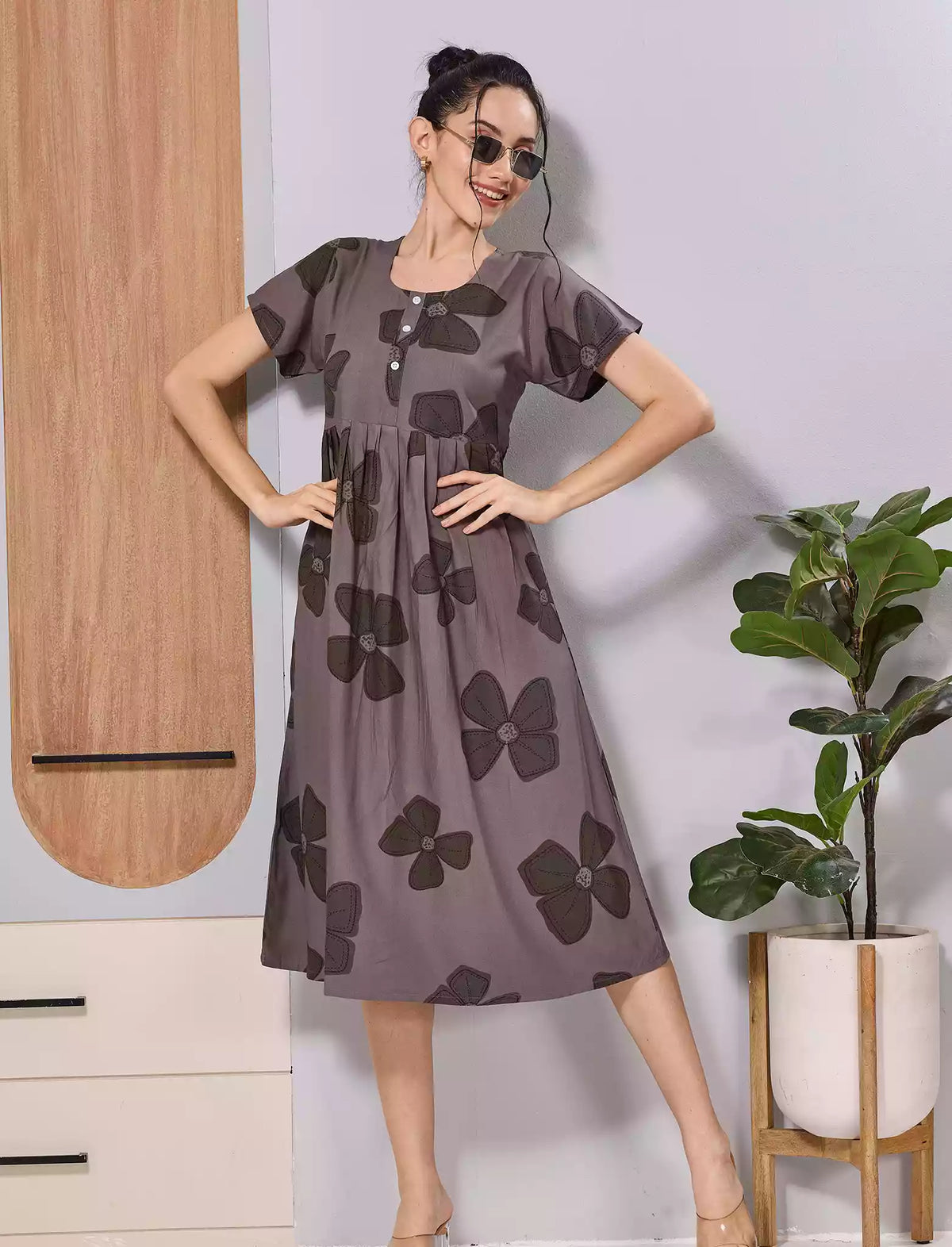 Coffee Brown Soft Rayon Floral Print Zipless Maxi Frock with Side Pocket - Mangai Nighties