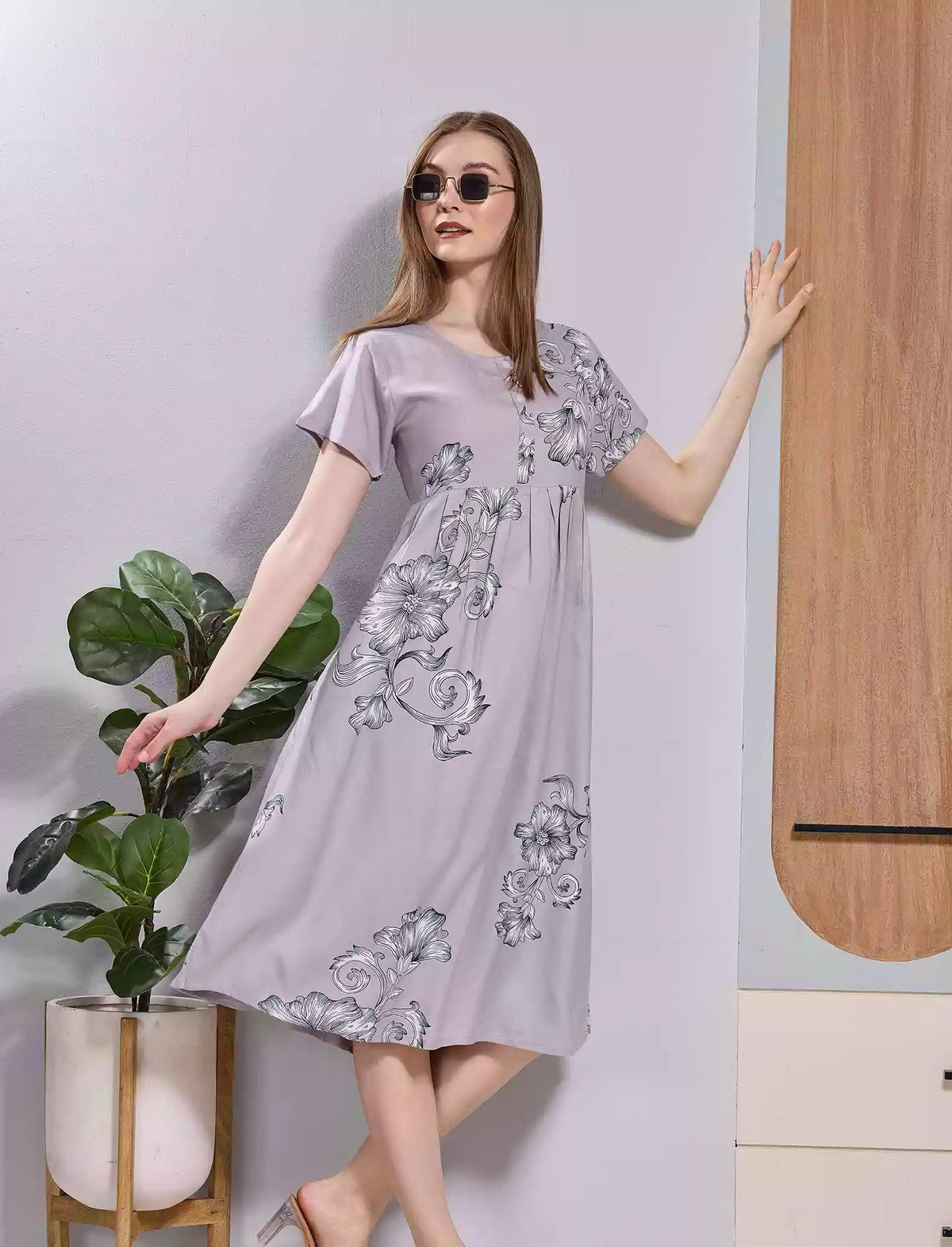 Taupe Grey Floral Print Soft Rayon Long Maxi Frock with Side Pocket - Mangai Nighties