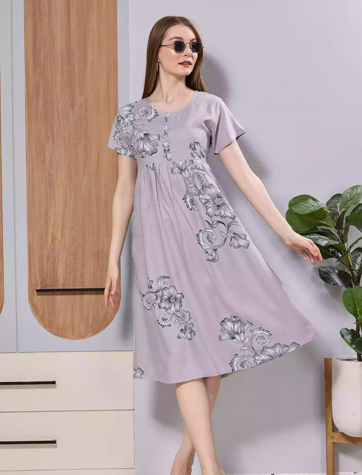 Taupe Grey Floral Print Soft Rayon Long Maxi Frock with Side Pocket - Mangai Nighties