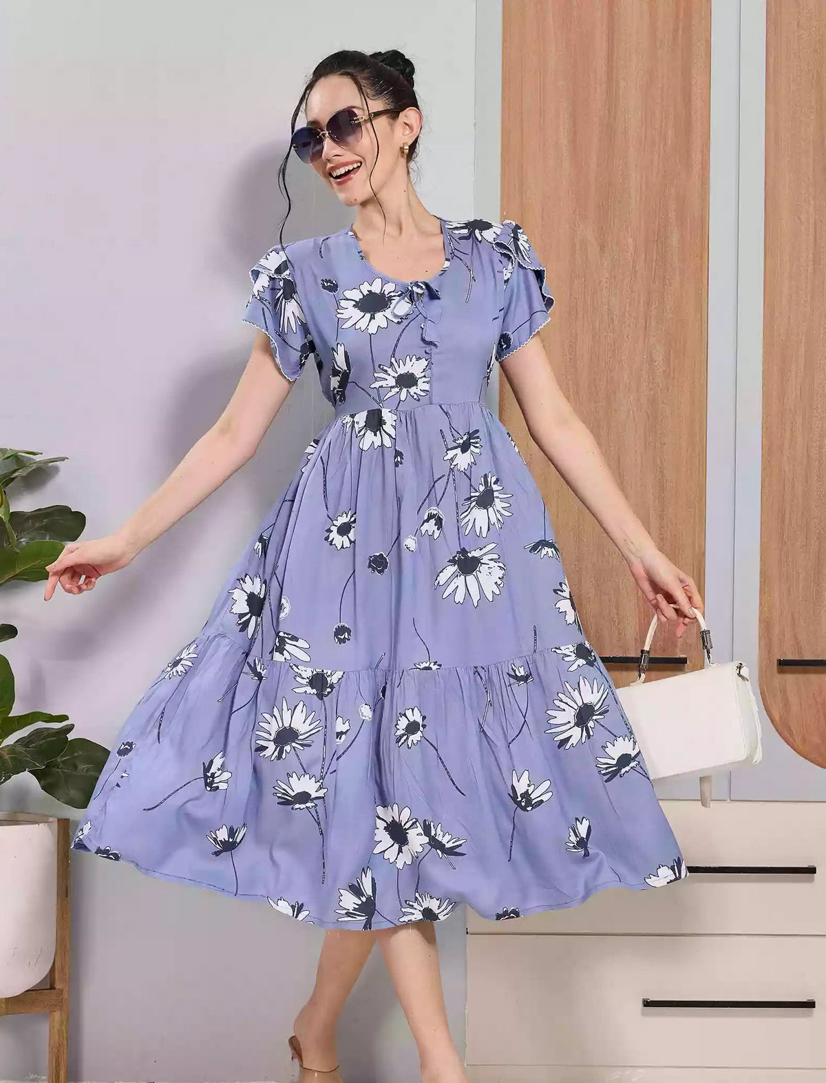 Mangai Nighties Lavender Blue Floral Rayon Flared Zipless Maxi