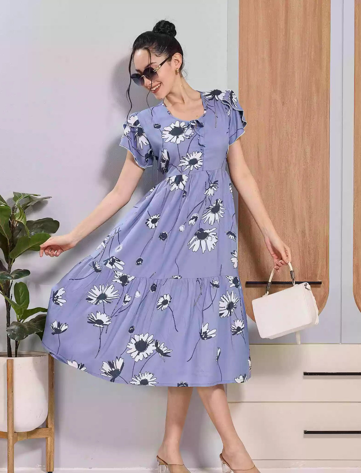 Lavender Blue Floral Rayon Flared Zipless Maxi with Back Tie Bow