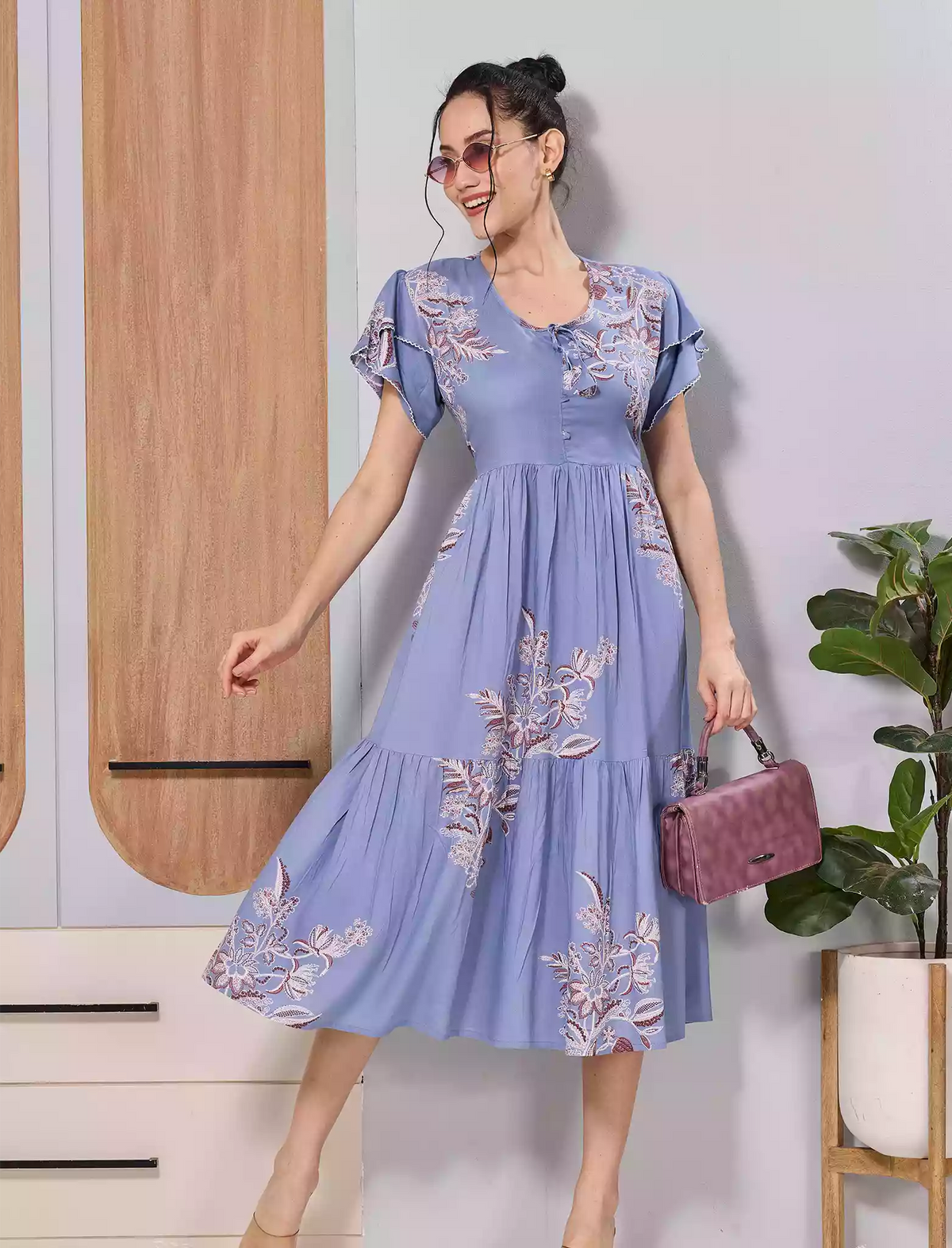 Blue Floral Print Fancy Neck Bow Rayon Maxi Dress with Petal Sleeve's