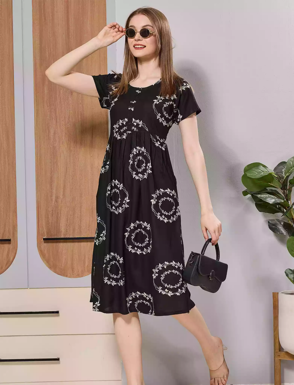 Dark Green Soft Rayon Floral Ring Print Zipless Button-Closed Maxi Frock - Mangai Nighties