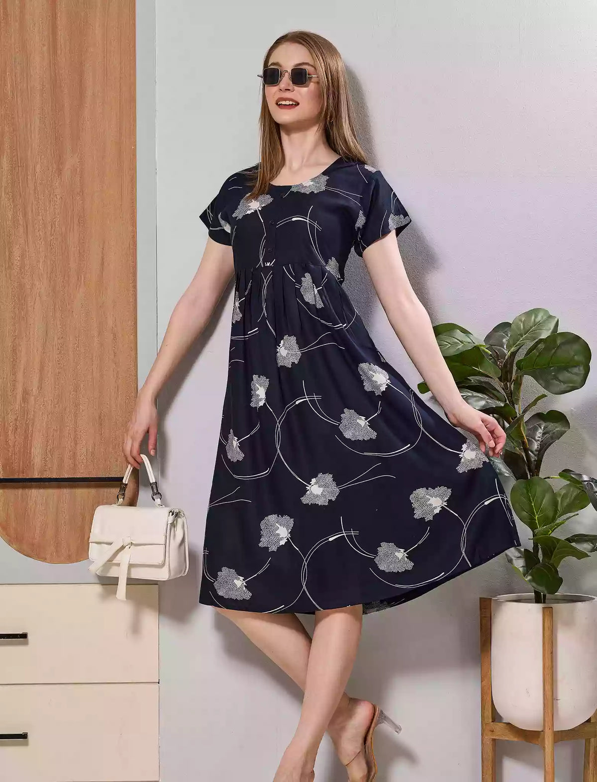 Cream Floral Print Soft Rayon Zipless Maxi Frock with Side Pocket - Mangai Nighties