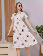 Cream Floral Print Soft Rayon Zipless Maxi Frock with Side Pocket - Mangai Nighties