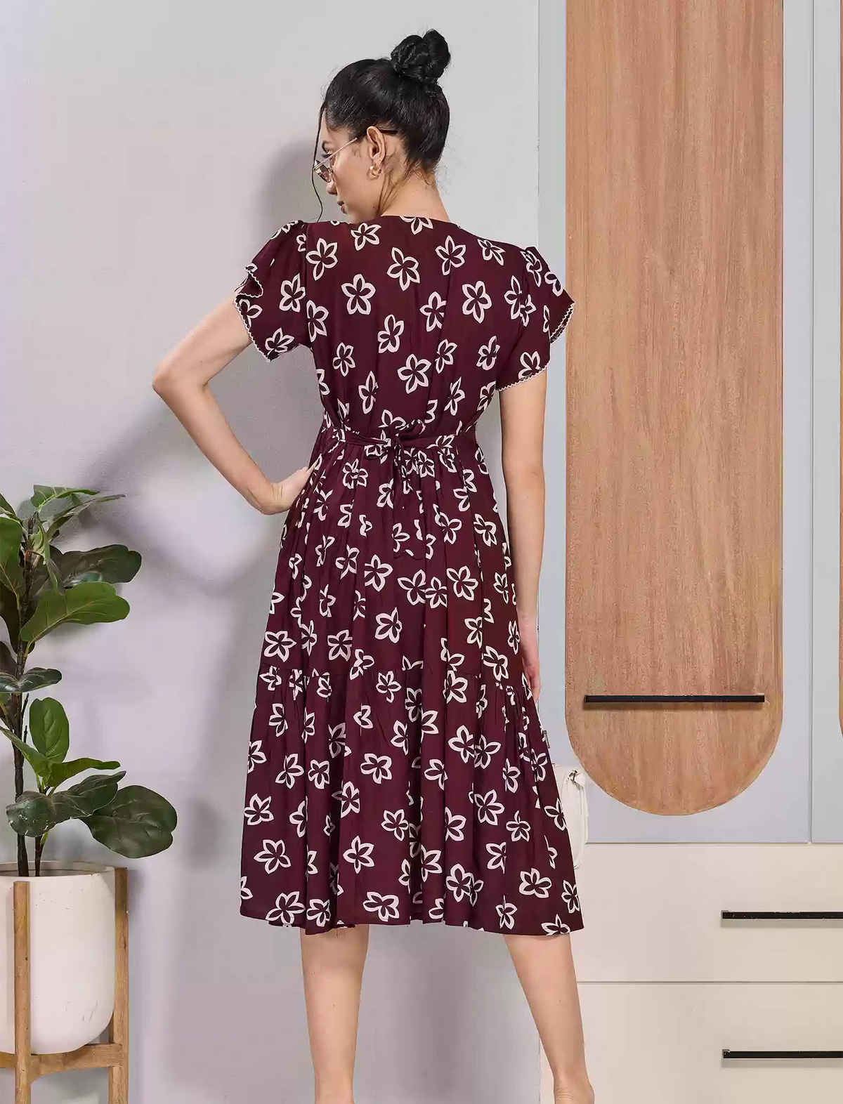 Maroon Floral Print Rayon Long Maxi with Adjustable Tie Rope