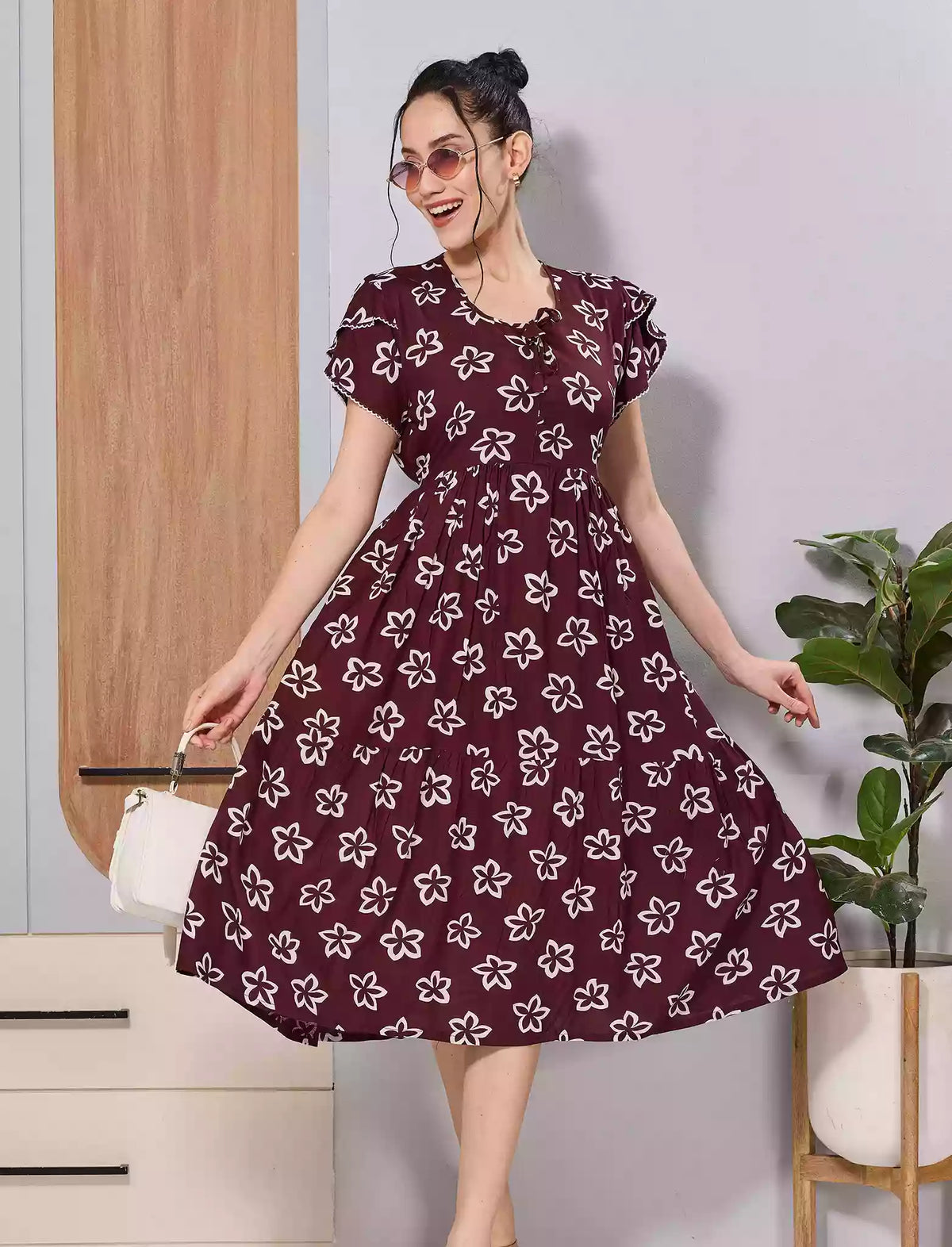 Maroon Floral Print Flared Rayon Maxi for Casual Daily Wear - Mangai Nighties