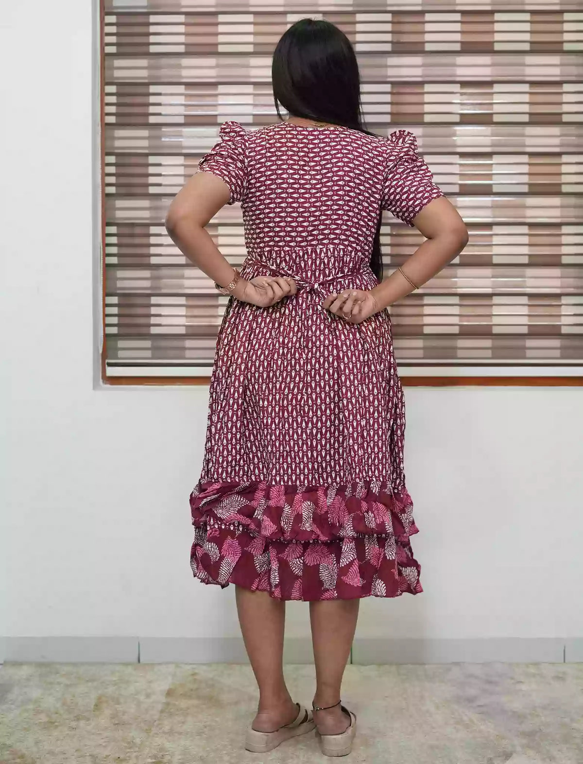 Maroon Leaf Print Rayon Frill Maxi with Back Tie - Mangai Nighties
