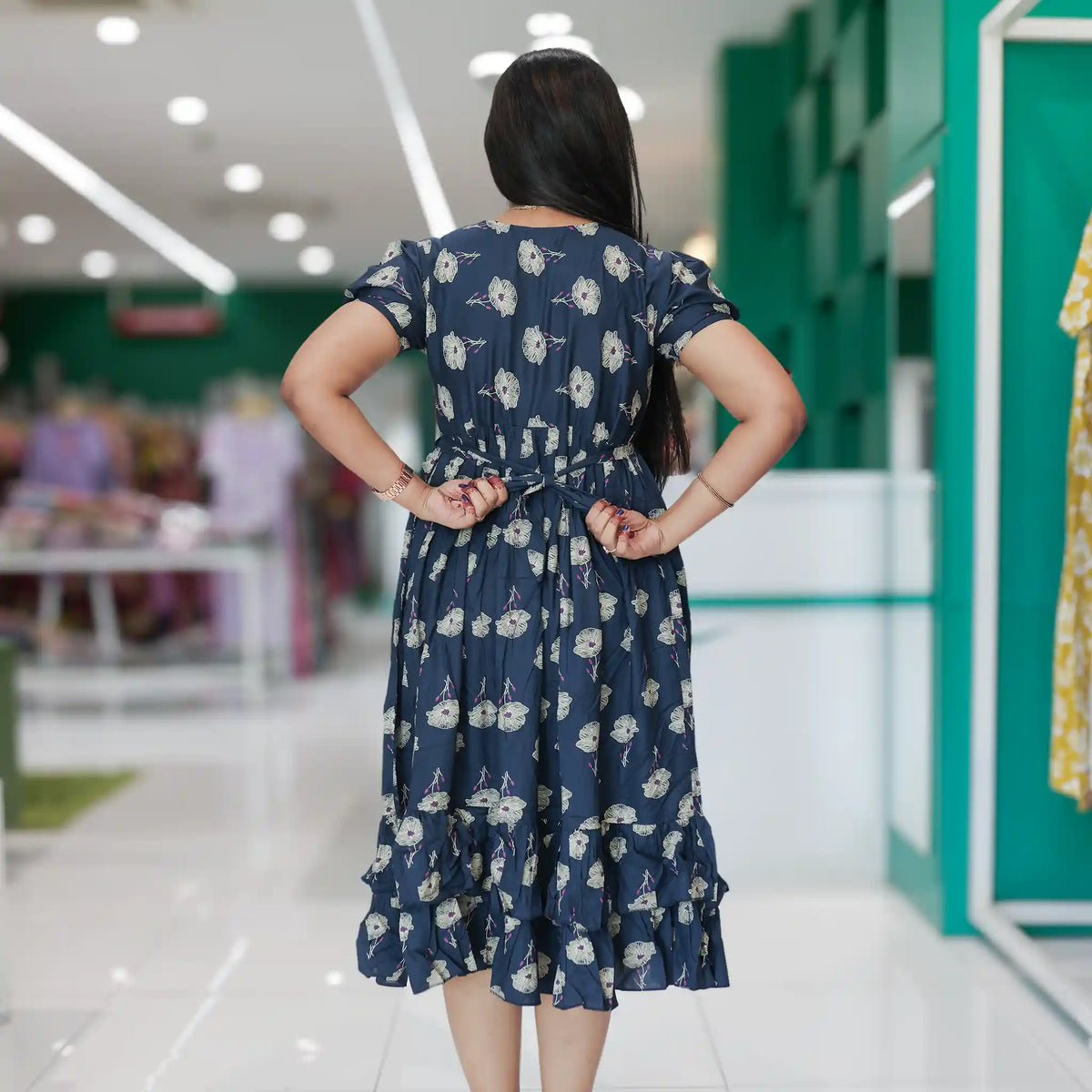 Navy Rayon Maxi Flared Frock Back tie Rope - Mangai Nighties