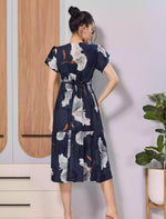 Navy Leaf Print Rayon Long Maxi with Adjustable Tie Rope - Mangai Nighties