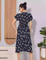 Navy Floral Print Rayon Long Maxi with Adjustable Tie Rope - Mangai Nighties