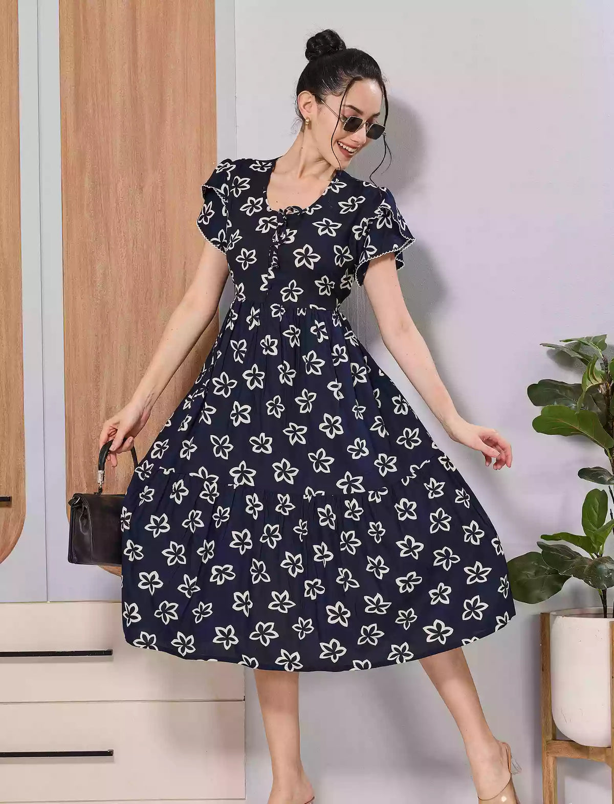 Mangai Nighties Navy Floral Rayon Flared Zipless Maxi Dress