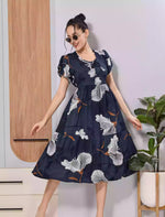 Navy Leaf Print Rayon Flared Zipless Maxi with Petal Sleeve's