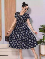 Mangai Nighties Navy Floral Rayon Flared Zipless Maxi Dress