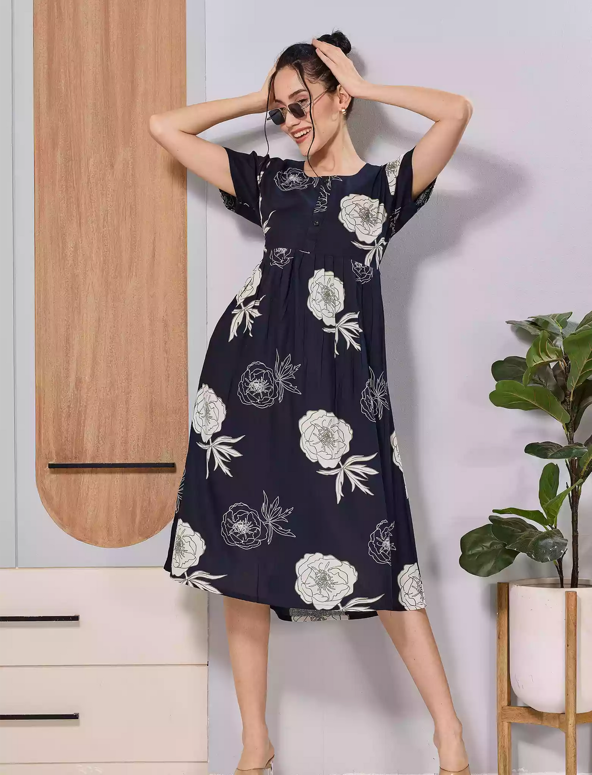 Navy Floral Print Zipless Soft Rayon Maxi Frock with Side Pocket - Mangai Nighties