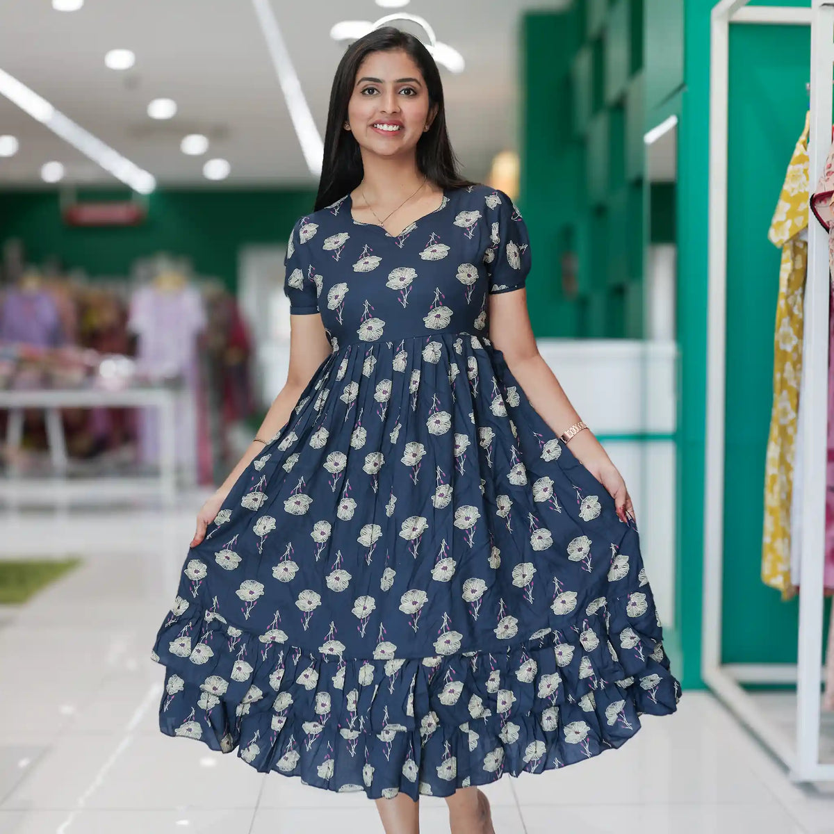 Navy Rayon Maxi Flared Frock - Mangai Nighties