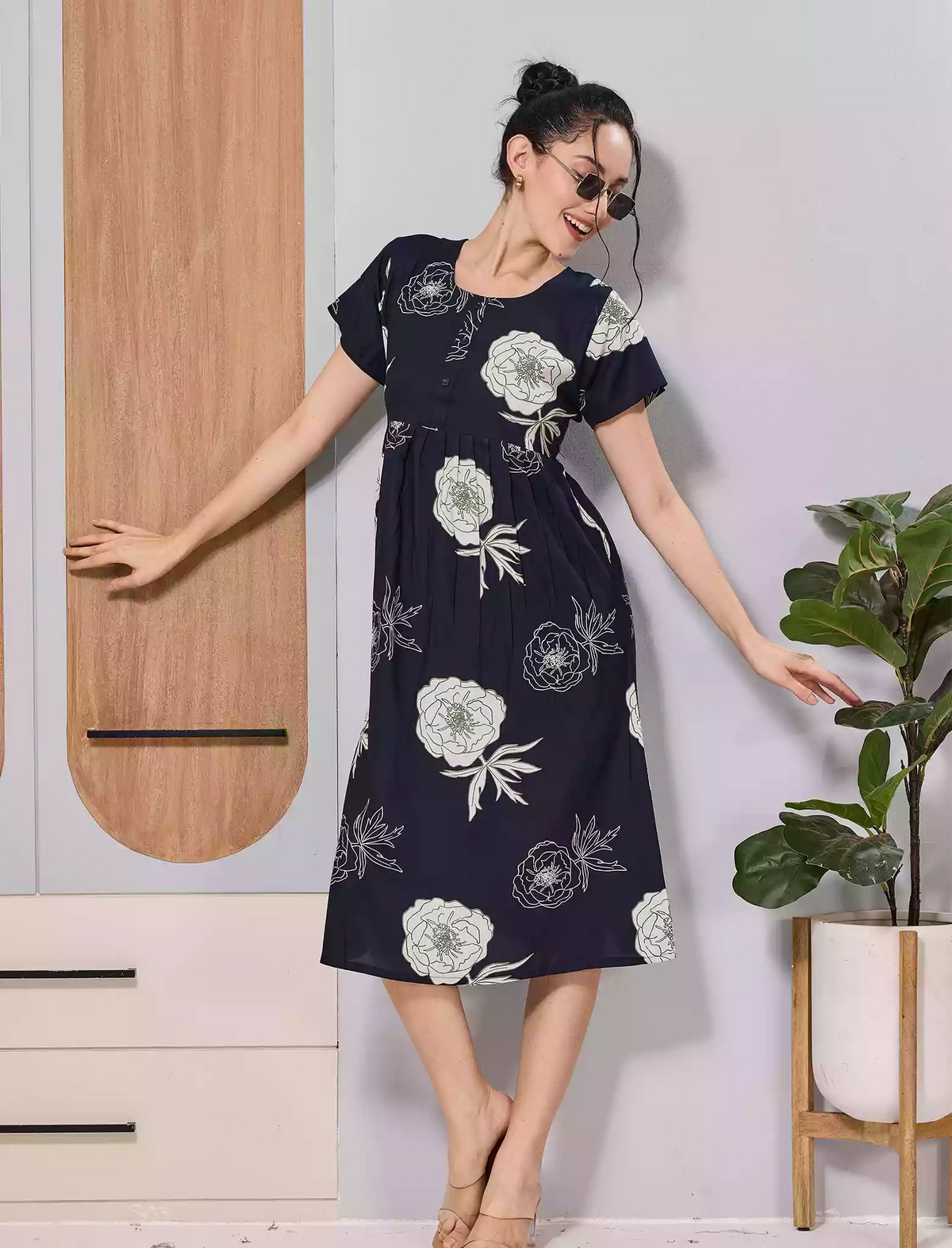 Navy Floral Print Zipless Soft Rayon Maxi Frock with Side Pocket - Mangai Nighties