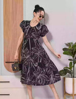 Navy Floral Print Petal Sleeve Casual Rayon Maxi for Women - Mangai Nighties