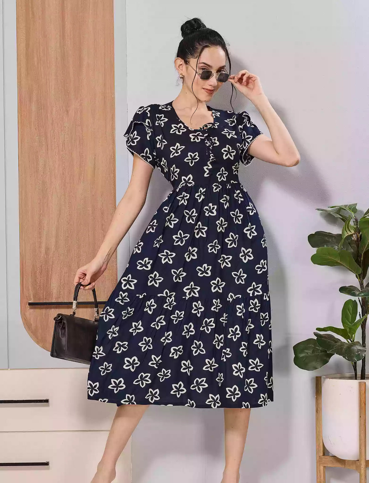 Navy Floral Print Rayon Flared Zipless Maxi with Back Tie Bow