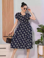 Navy Floral Print Rayon Flared Zipless Maxi with Back Tie Bow