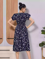 Navy Blue Floral Rayon Maxi Frock Nighty with Pocket - Mangai Nighties