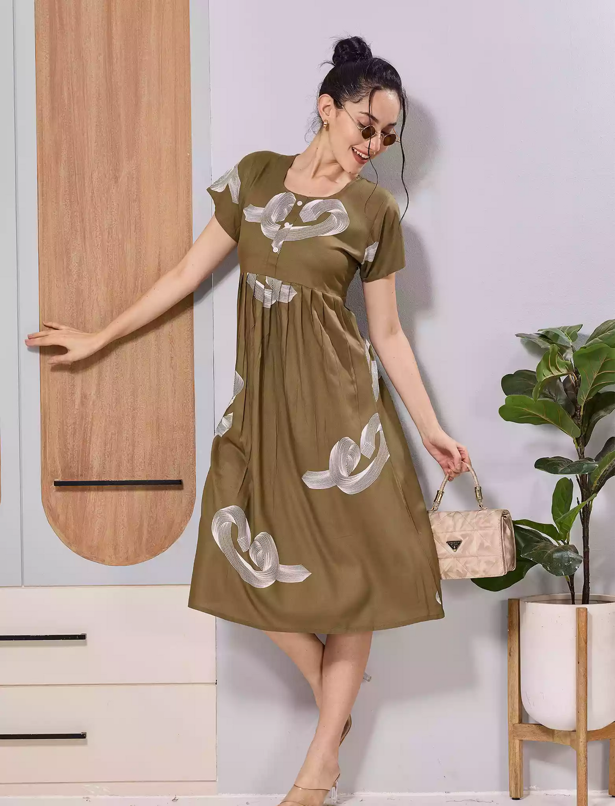 Olive Green Abstract Print Rayon Maxi Frock | Zipless Maxi & Side Pocket - Mangai Nighties