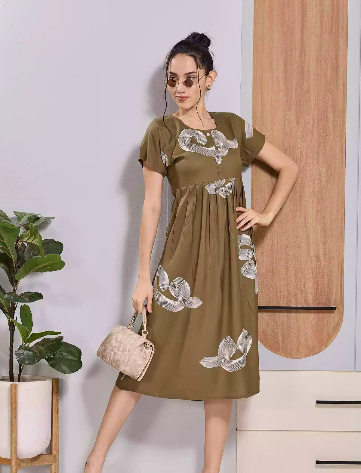 Olive Green Abstract Print Rayon Maxi Frock | Zipless Maxi & Side Pocket - Mangai Nighties