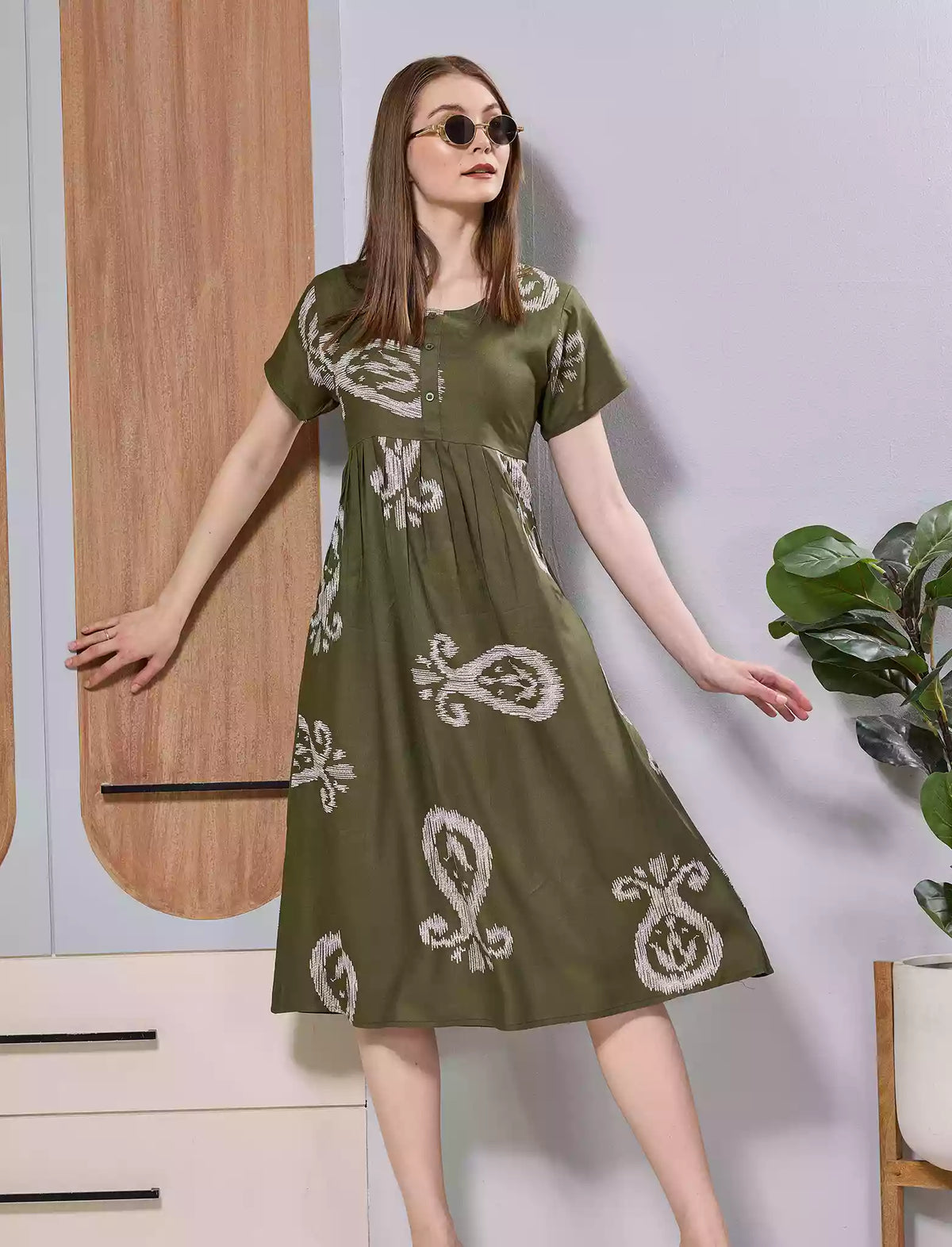 Black Paisley Print Rayon Maxi Frock with Front Button & Side Pocket - Mangai Nighties