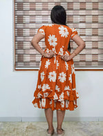 Orange Floral Rayon Frill Maxi Frock with Back Tie - Mangai Nighties