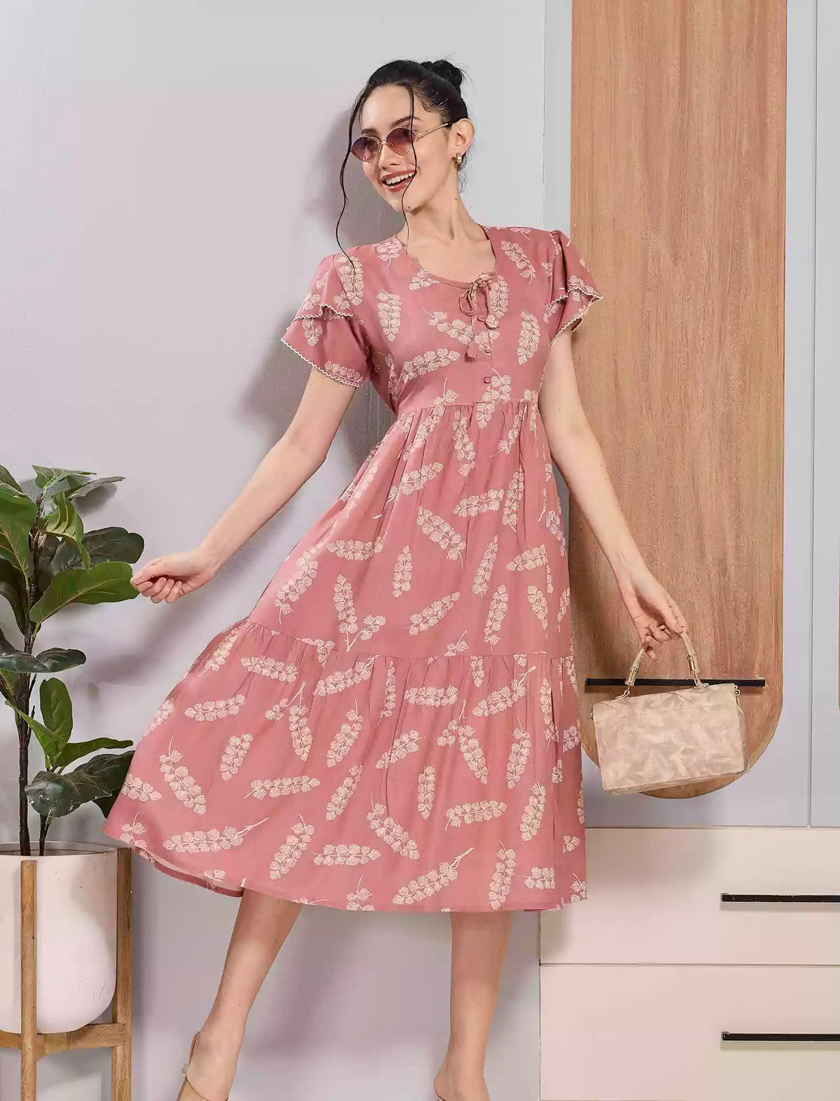 Peach Floral Print Zipless Rayon Maxi with Petal Sleeves - Mangai Nighties