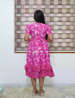 Pink Leaf Print Rayon Frill Maxi with Puff Sleeve- Mangai Nighties
