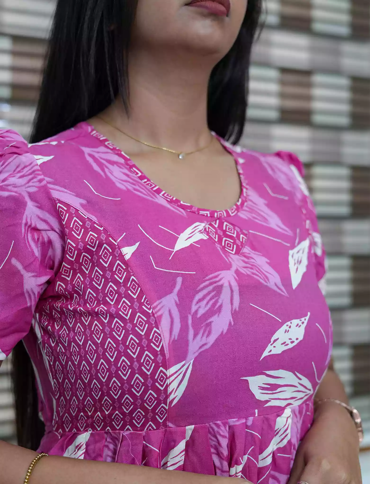 Pink Leaf Print Rayon Frill Maxi with Puff Sleeve- Mangai Nighties