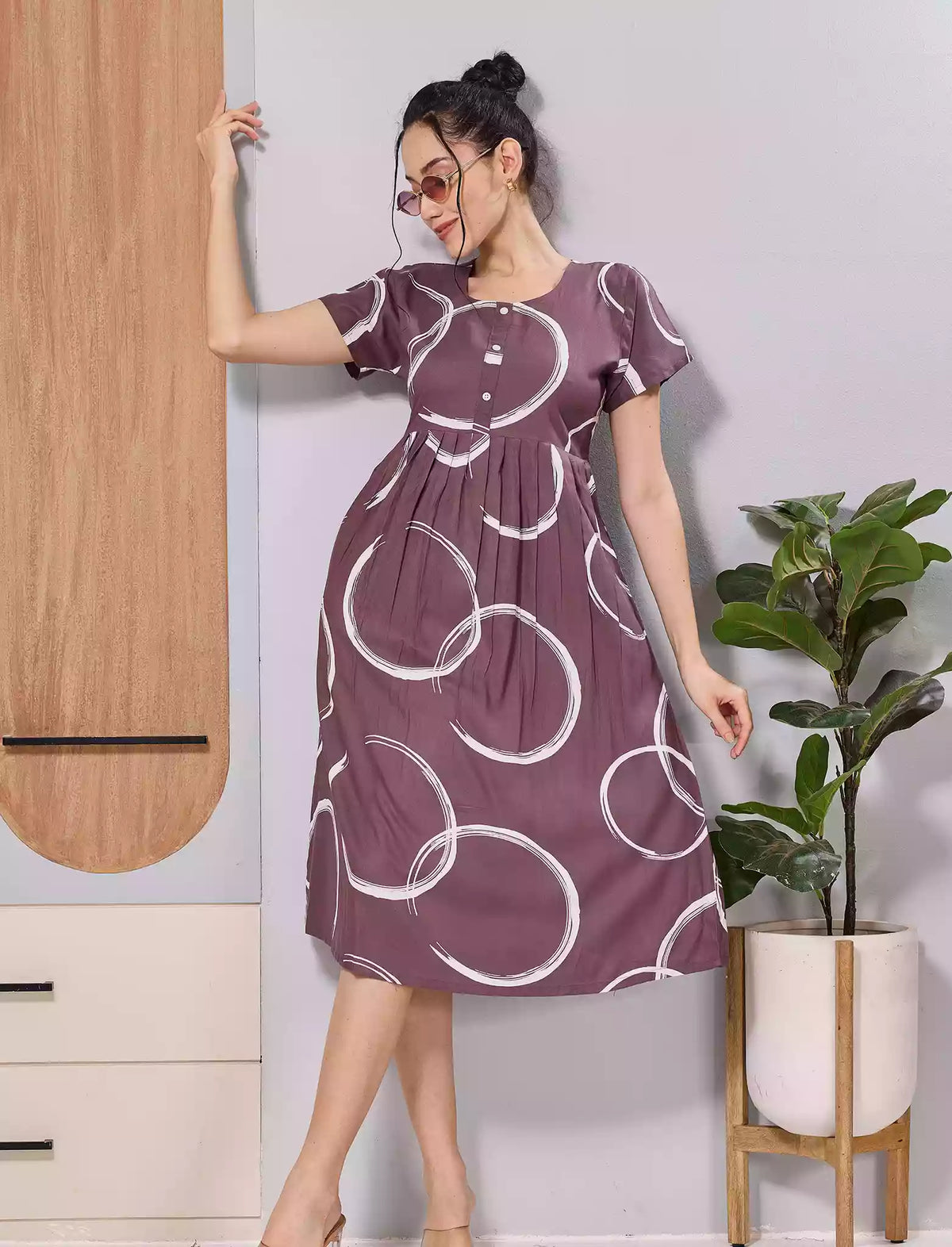 Teal Green White Circle Print Soft Rayon Zipless Maxi Frock with Side Pocket - Mangai Nighties