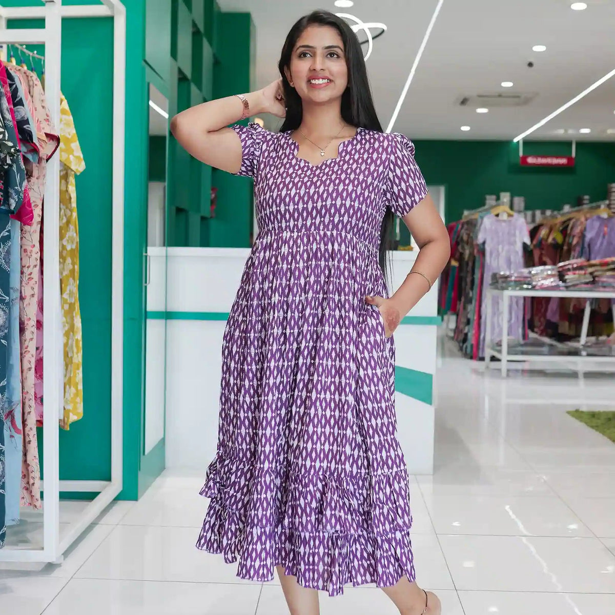 Rayon Maxi Casual Frilled frock Side View - Mangai Nighties