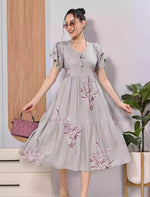 Sage Grey Floral Print Rayon Maxi with Back Tie and Neck Bow