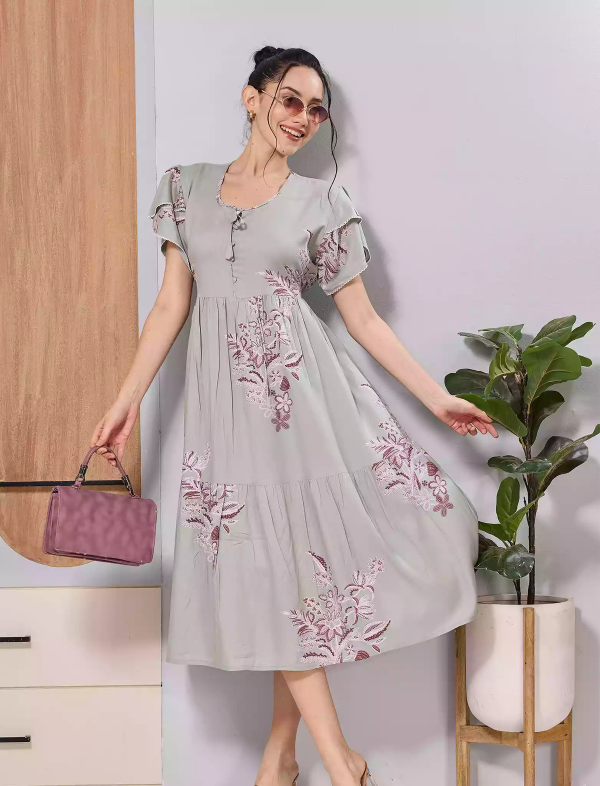 Sage Grey Floral Print Petal Sleeve Rayon Flared Zipless Maxi