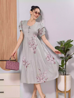 Sage Grey Floral Print Petal Sleeve Rayon Flared Zipless Maxi