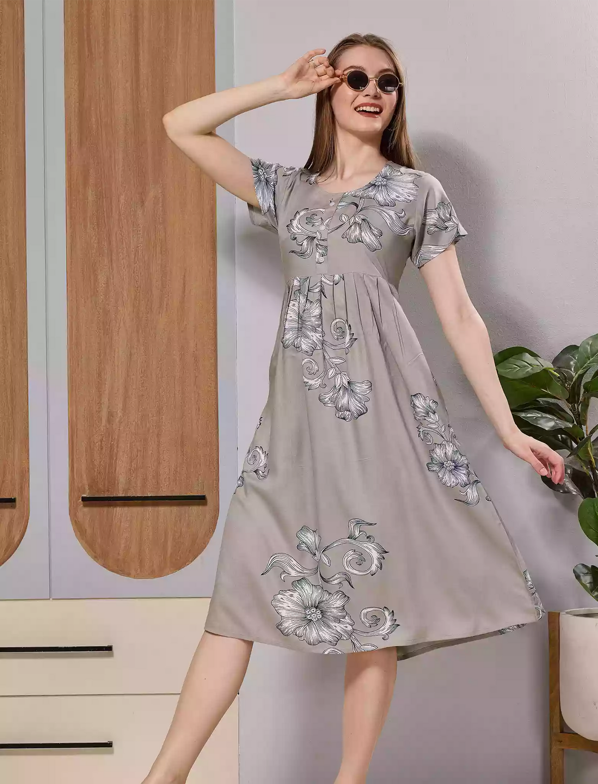 Taupe Grey Floral Print Soft Rayon Long Maxi Frock with Side Pocket - Mangai Nighties