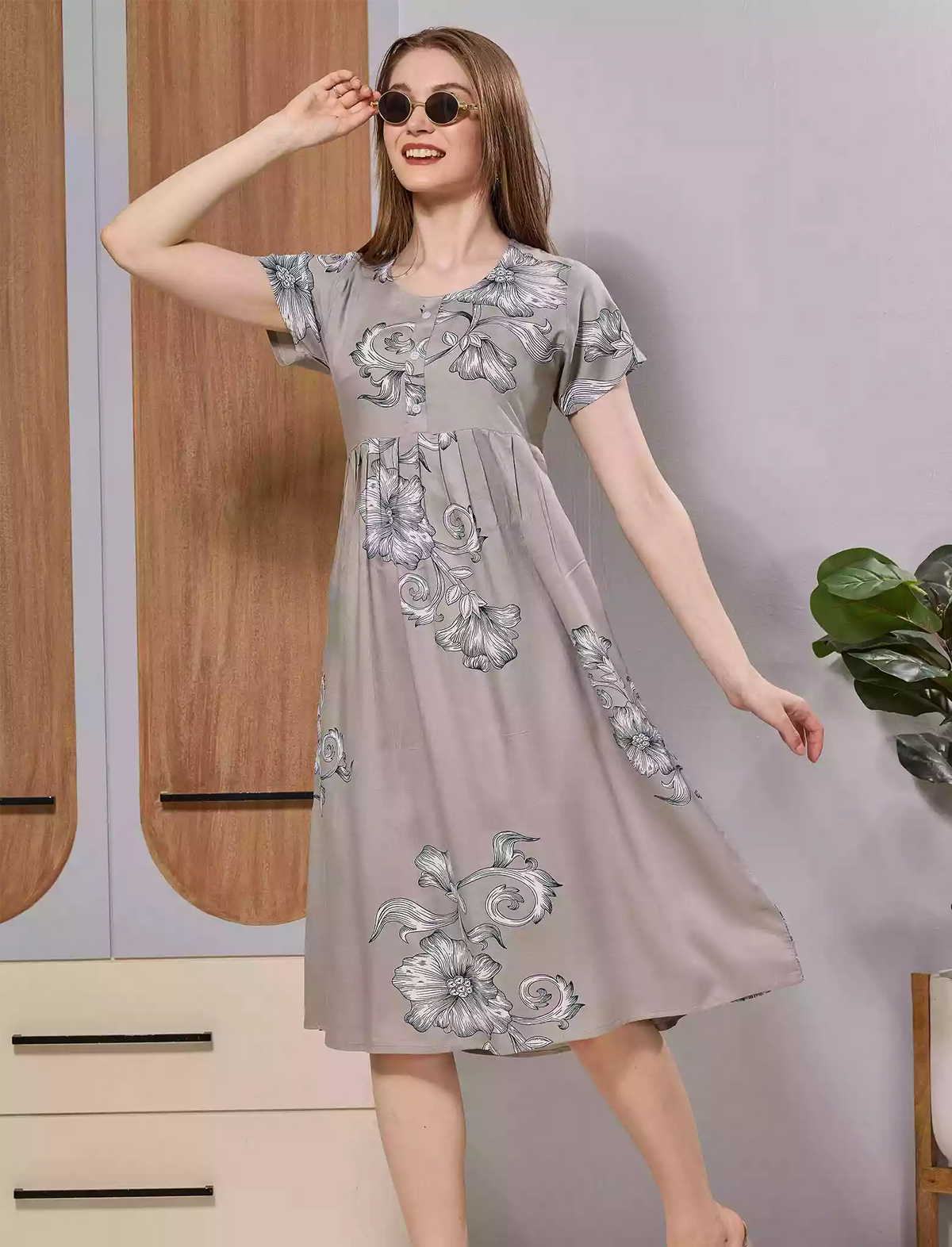 Taupe Grey Floral Print Soft Rayon Long Maxi Frock with Side Pocket - Mangai Nighties