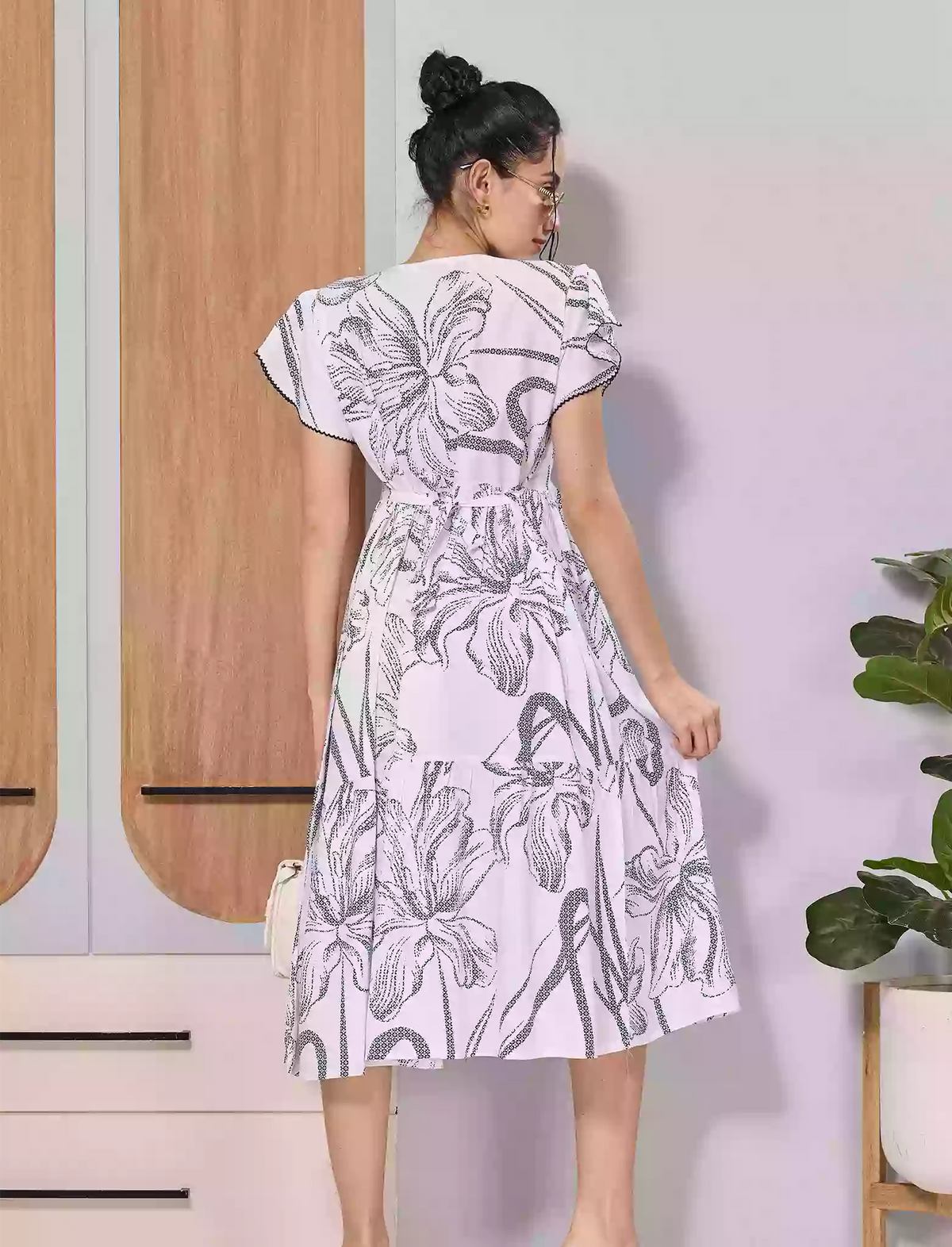 White Floral Print Flared Rayon Maxi with Adjustable Tie Rope
