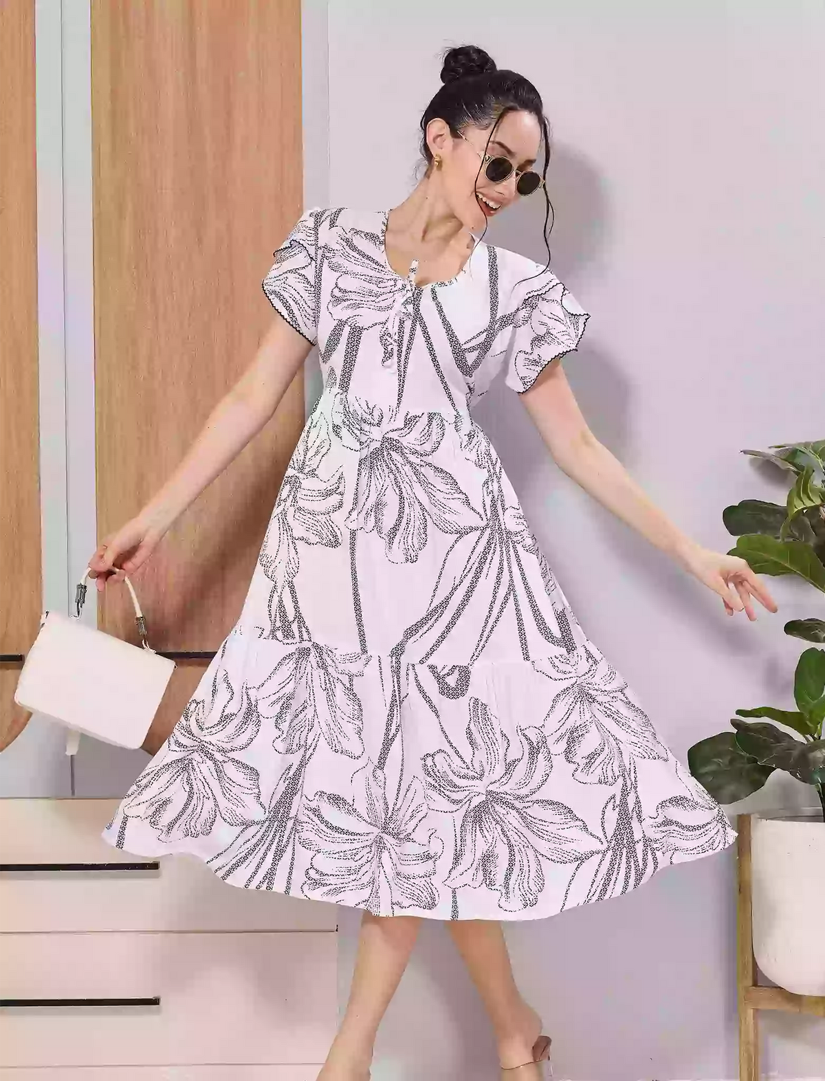 White Floral Print Zipless Rayon Maxi Dress for Daily Wear - Mangai Nighties