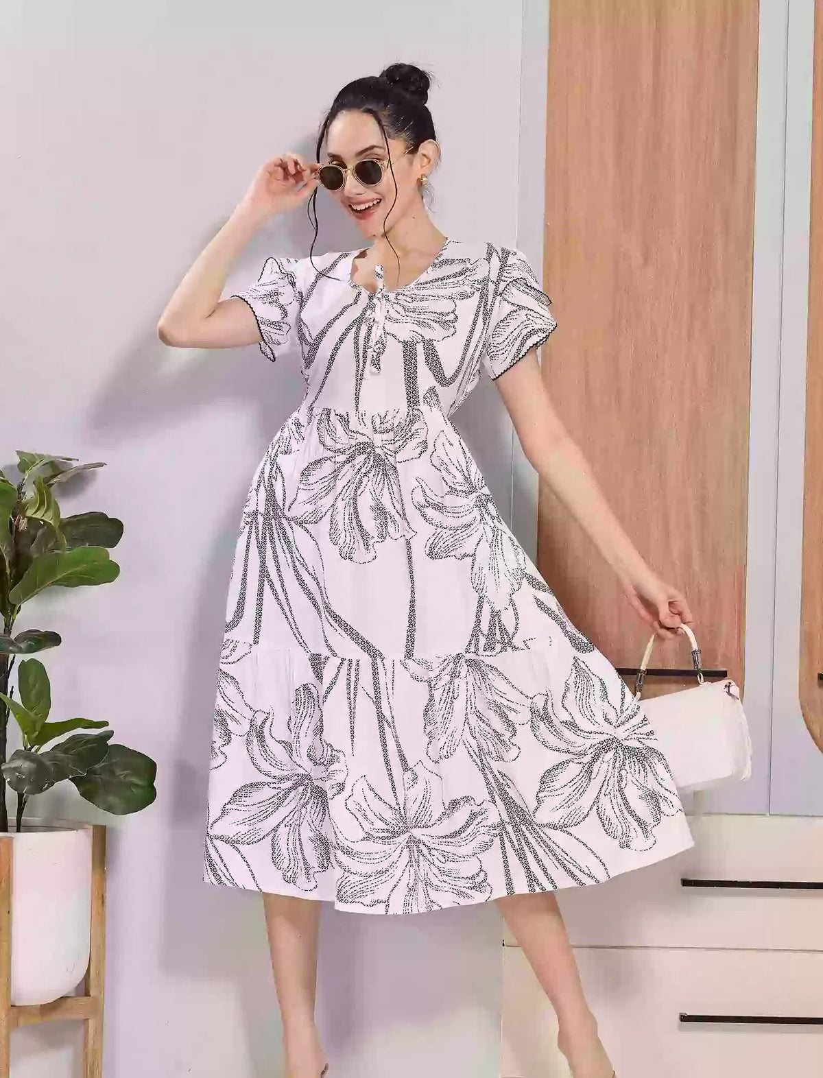 Black Floral Print Petal Sleeve Long Rayon Maxi Frock with Petal Sleeve's