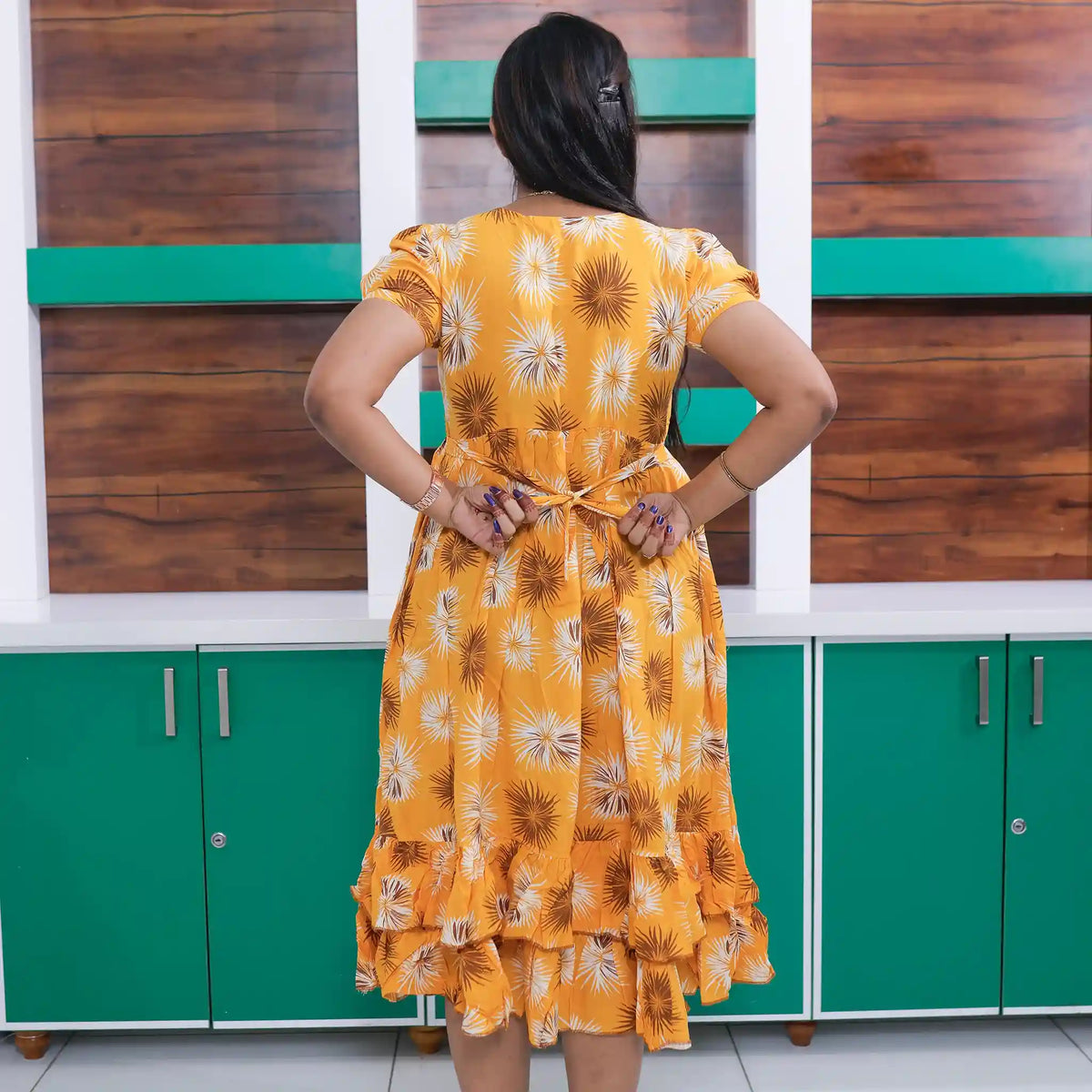 Rayon Yellow Maxi Frilled Bottom Frock Back Tie Rope - Mangai Nighties