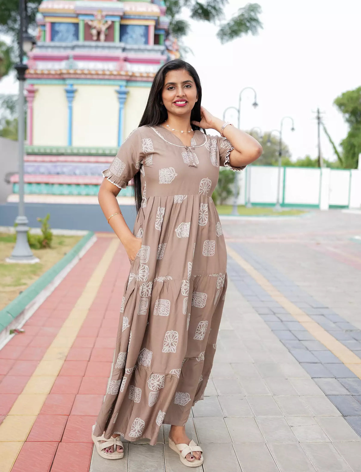 Casual Beige Printed Long Frock with Bow Neck Side View - Mangai Nighties
