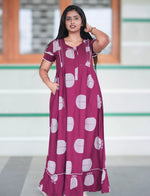 Berry Pink Botanical Print Rayon Front Zipper Feeding Full Frock with Side Pocket - Mangai Nighties