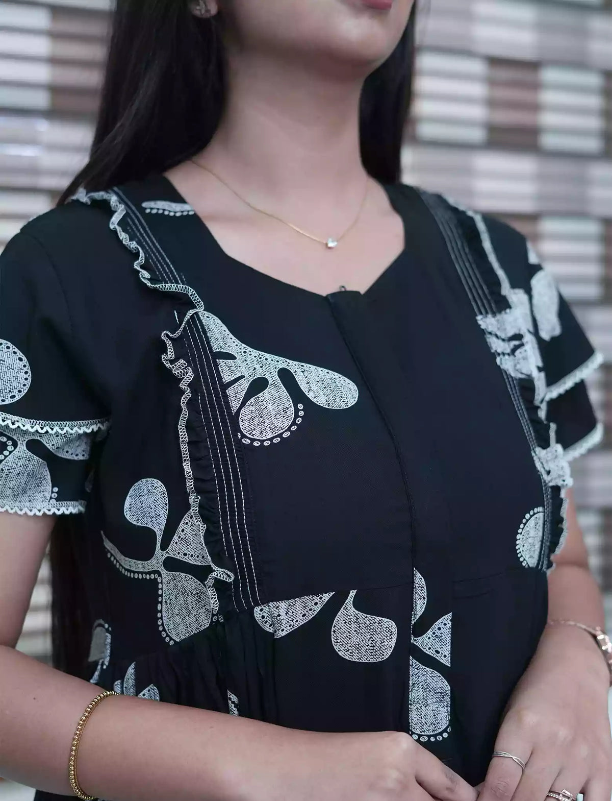 Purple Floral Print Rayon Front Zipper Feeding with Double Layer Sleeve Full Frock - Mangai Nighties