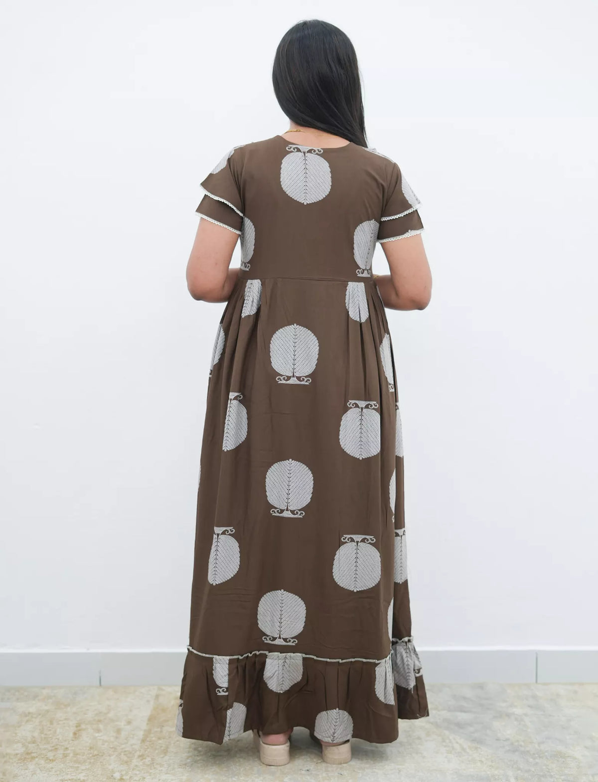 Berry Pink Botanical Print Rayon Front Zipper Feeding Full Frock with Side Pocket - Mangai Nighties